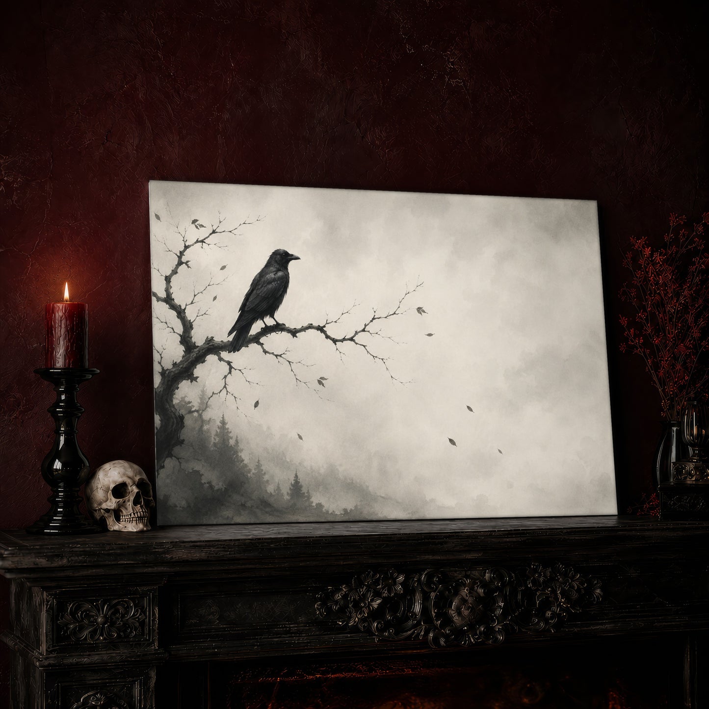 Hollow Morning crow canvas leaning on a dark carved mantel against an oxblood wall, beside a lit dark red pillar candle in a black candlestick, a bone-coloured skull, and a vase of red berry sprigs with a brass lantern to the right.
