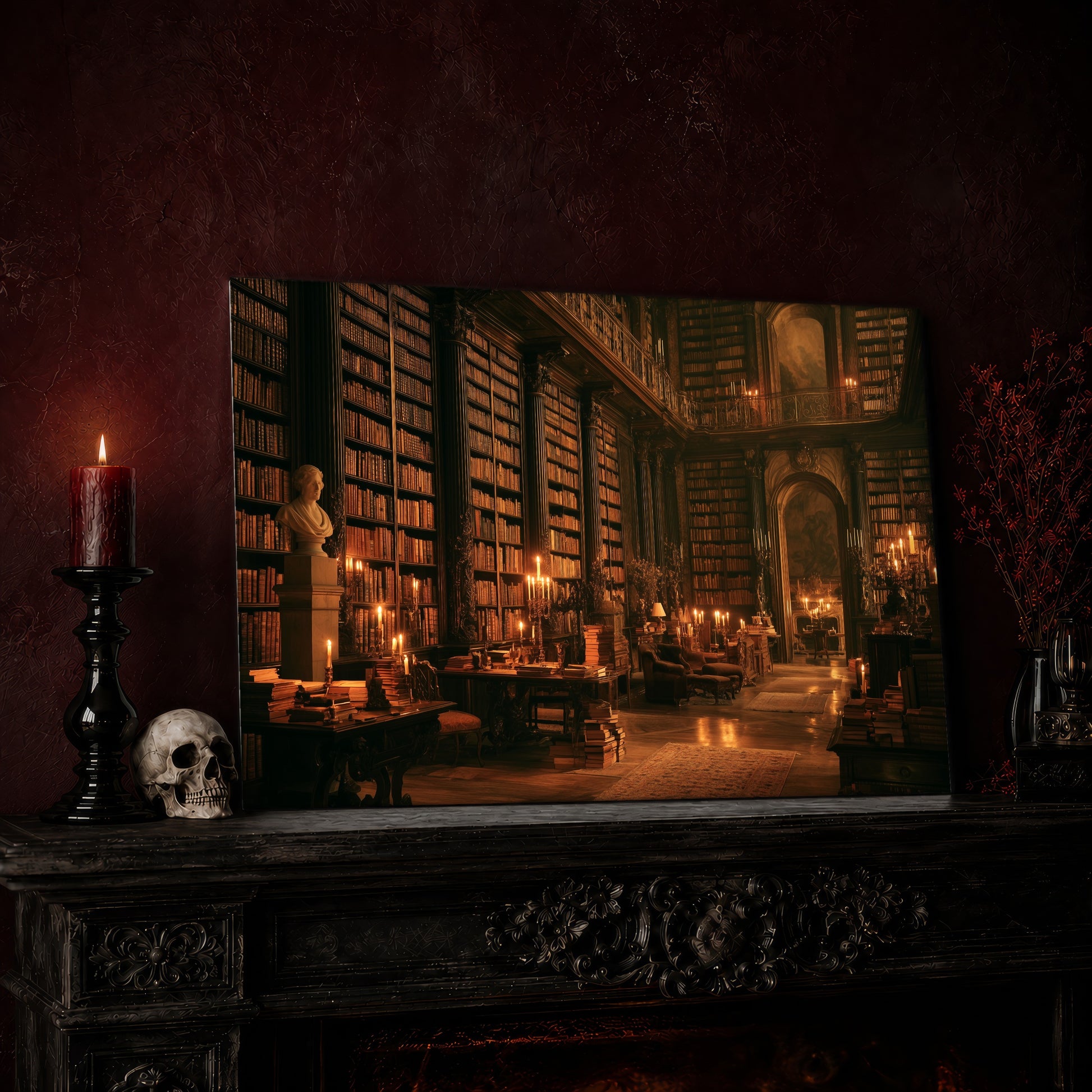 The Long Gallery library print leaning on a dark carved mantel against an oxblood wall, beside a lit dark red pillar candle in a black candlestick, a bone-coloured skull, and a vase of red berry sprigs with a brass lantern to the right.