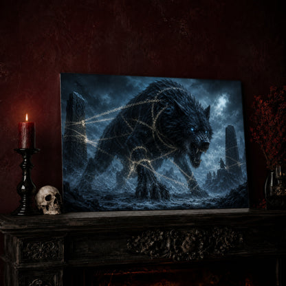 Fenrir print leaning on a dark carved mantel against an oxblood wall, beside a lit dark red pillar candle in a black candlestick, a bone-coloured skull, and a vase of red berry sprigs with a brass lantern to the right.