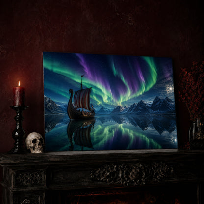 Drakkar print leaning on a dark carved mantel against an oxblood wall, beside a lit dark red pillar candle in a black candlestick, a bone-coloured skull, and a vase of red berry sprigs with a brass lantern to the right.