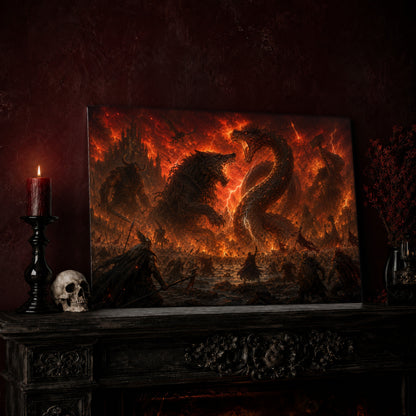 Twilight of the Gods print leaning on a dark carved mantel against an oxblood wall, beside a lit dark red pillar candle in a black candlestick, a bone-coloured skull, and a vase of red berry sprigs with a brass lantern to the right.