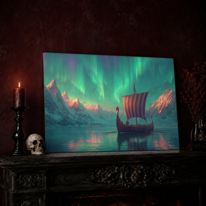 Vinland longship canvas on a near-black wall above a carved black console table, with a five-arm silver candelabra of lit black tapers, a black vase of deep red roses, and an antique key resting on a leather-bound book.