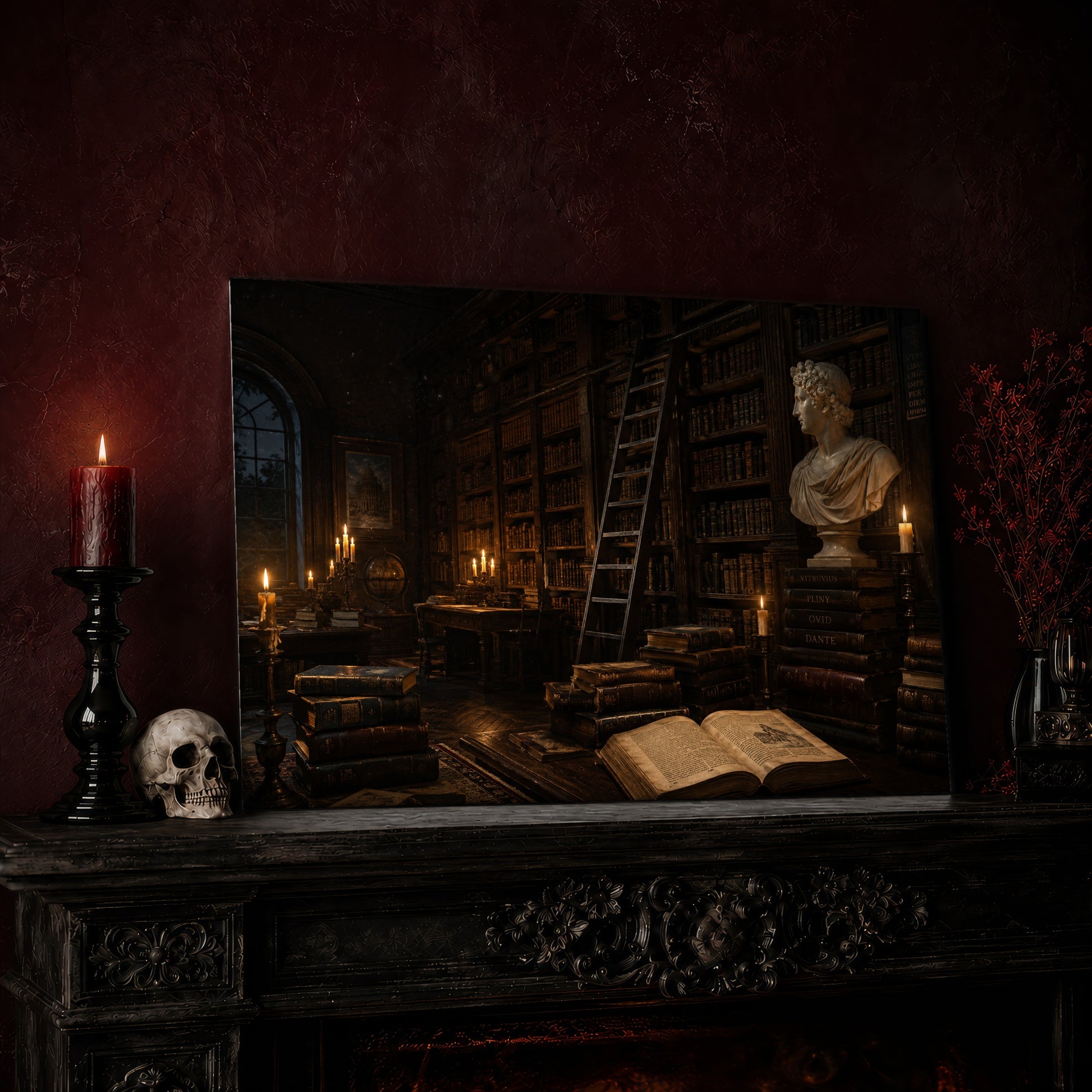 The Small Hours print leaning on a dark carved mantel against an oxblood wall, beside a lit dark red pillar candle in a black candlestick, a bone-coloured skull, and a vase of red berry sprigs with a brass lantern to the right.
