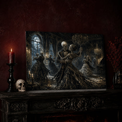 The Last Waltz print leaning on a dark carved mantel against an oxblood wall, beside a lit dark red pillar candle in a black candlestick, a bone-coloured skull, and a vase of red berry sprigs with a brass lantern to the right.