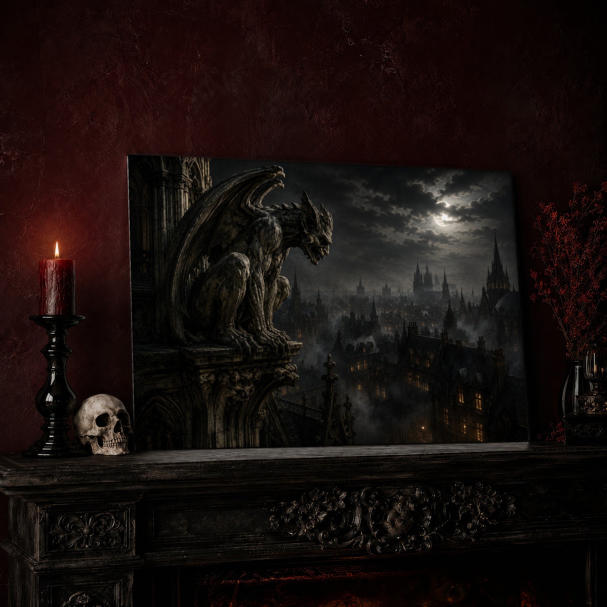 Nightwatch print leaning on a dark carved mantel against an oxblood wall, beside a lit dark red pillar candle in a black candlestick, a bone-coloured skull, and a vase of red berry sprigs with a brass lantern to the right.
