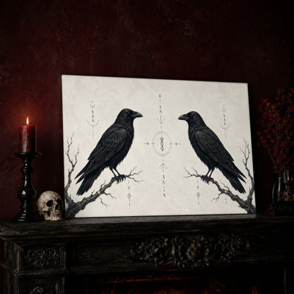Huginn & Muninn print leaning on a dark carved mantel against an oxblood wall, beside a lit dark red pillar candle in a black candlestick, a bone-coloured skull, and a vase of red berry sprigs with a brass lantern to the right.
