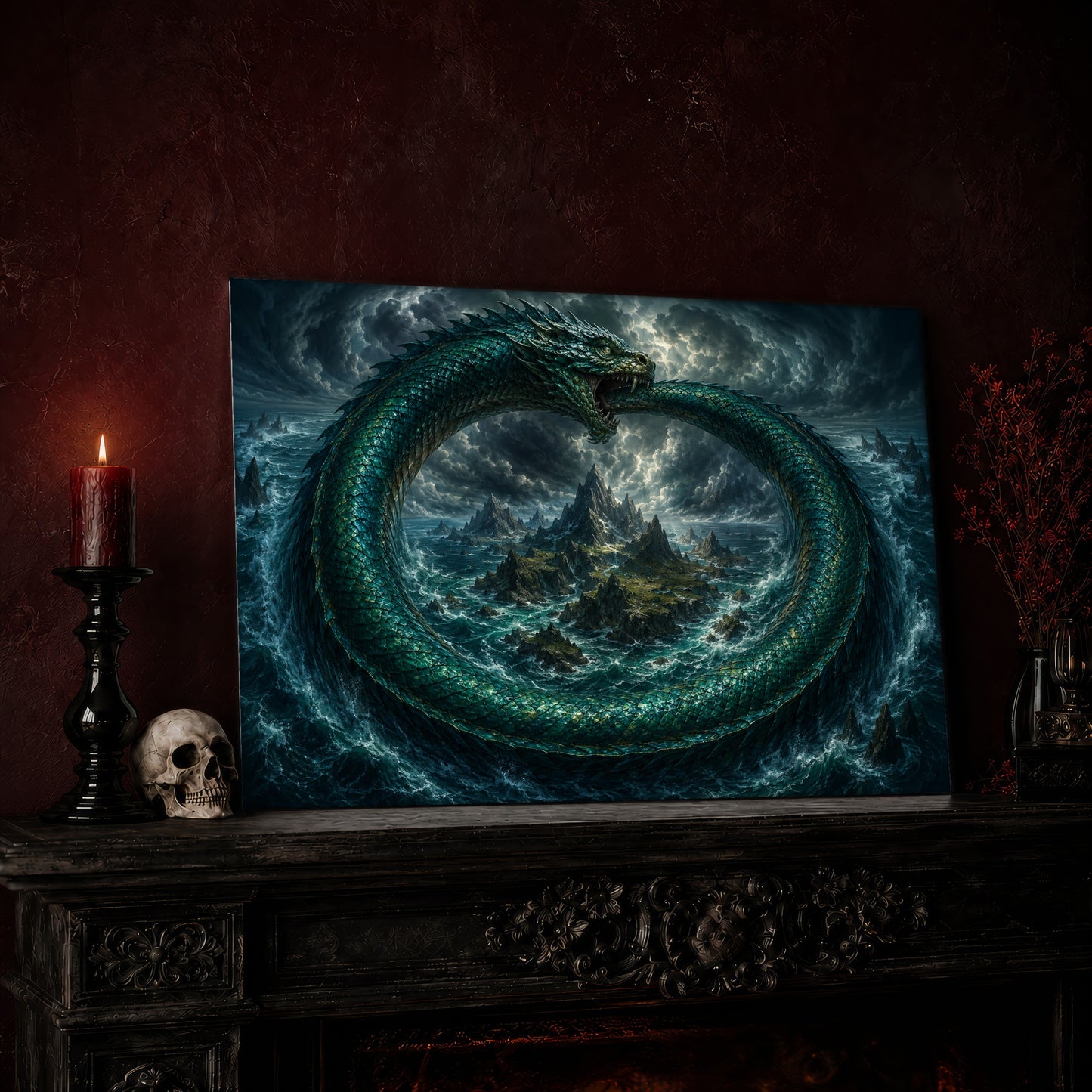 Jörmungandr print leaning on a dark carved mantel against an oxblood wall, beside a lit dark red pillar candle in a black candlestick, a bone-coloured skull, and a vase of red berry sprigs with a brass lantern to the right.