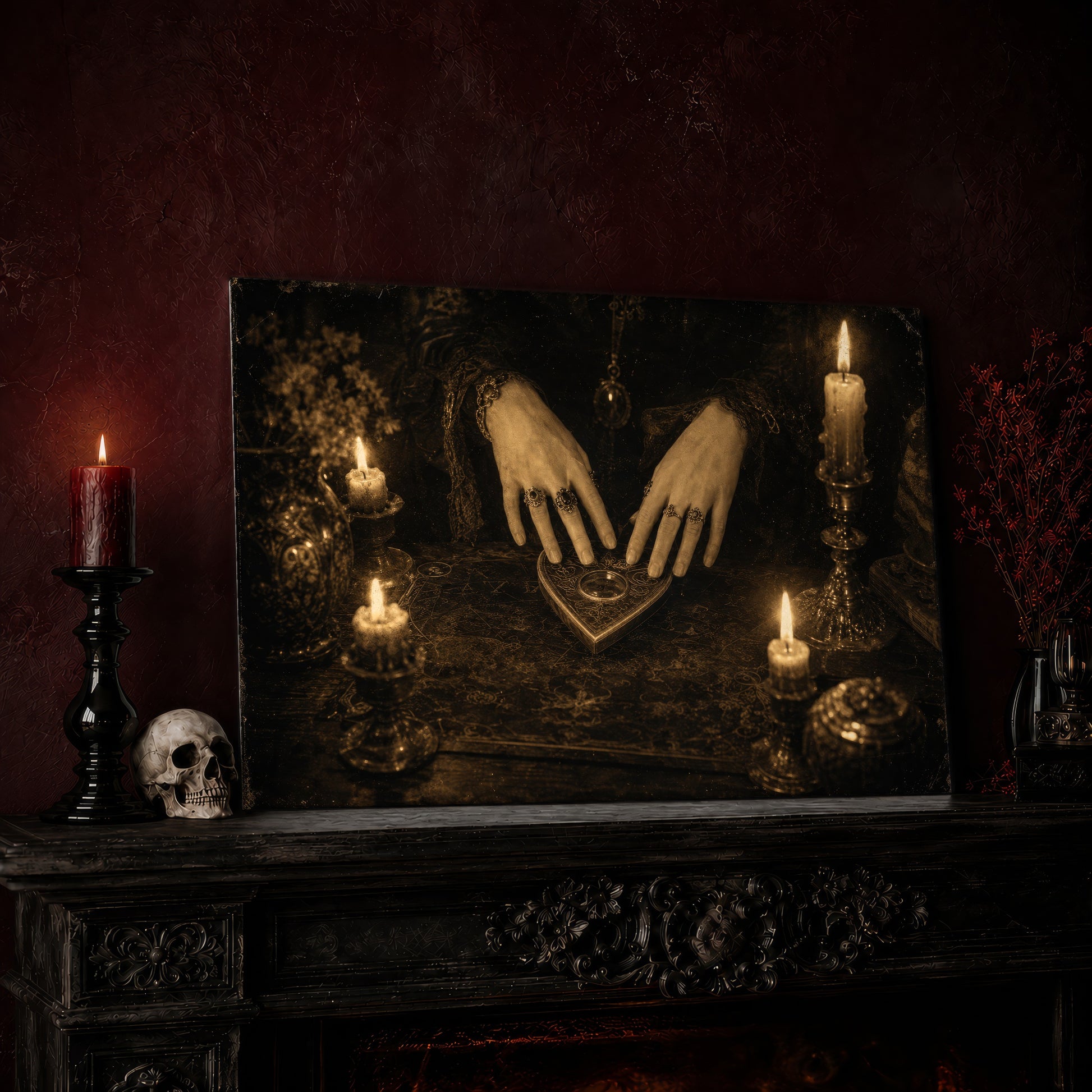 Midnight Communion print leaning on a dark carved mantel beside a lit red pillar candle in a black candlestick, a bone-white human skull, and a vase of dried red branches, against a deep red textured wall.