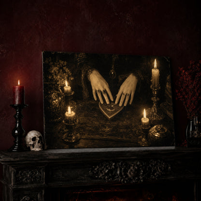 Midnight Communion print leaning on a dark carved mantel beside a lit red pillar candle in a black candlestick, a bone-white human skull, and a vase of dried red branches, against a deep red textured wall.