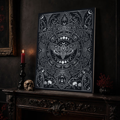 Vanitas death moth canvas leaning on a dark carved mantel beside a lit dark red taper in a black candlestick, a bone-coloured skull, and a small black vase of red berry sprigs, with a gilt-framed painting on the wall alongside.