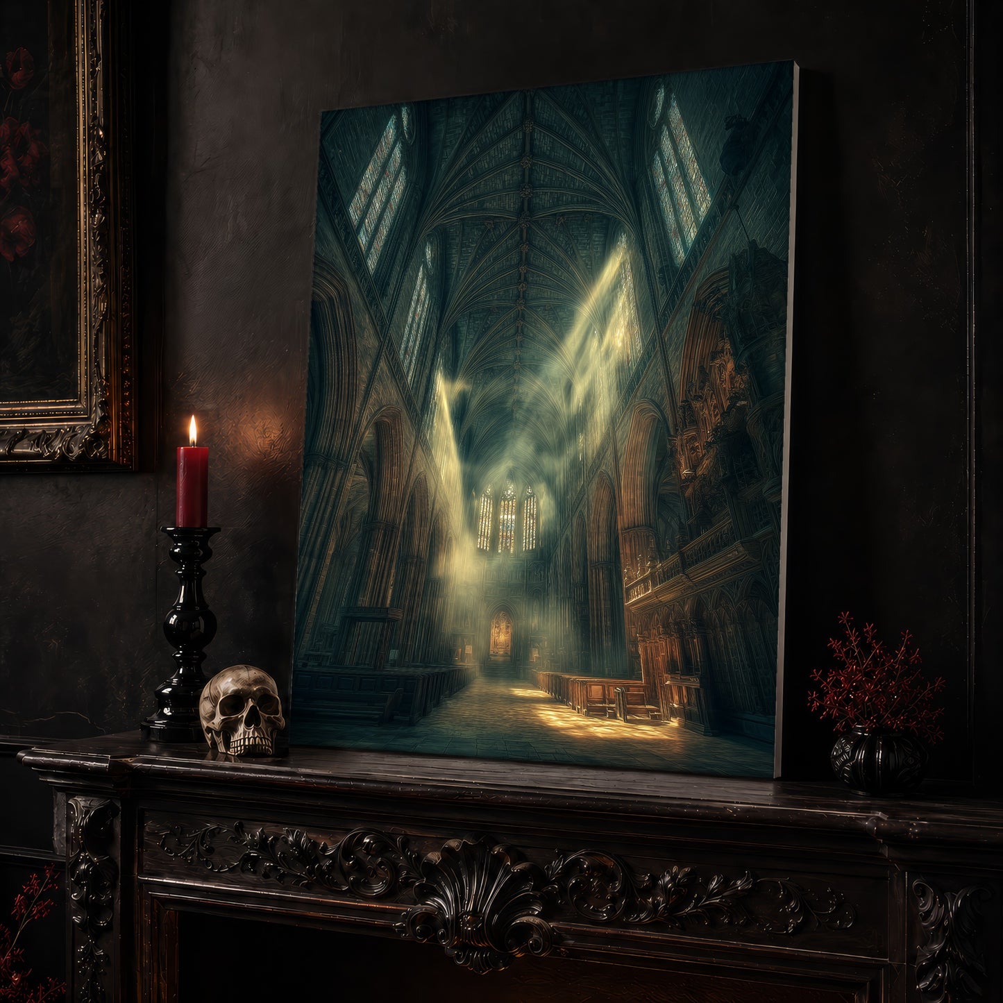 Compline nave canvas leaning on a dark carved mantel beside a lit dark red taper in a black candlestick, a bone-coloured skull, and a small black vase of red berry sprigs, with a gilt-framed painting on the wall alongside.