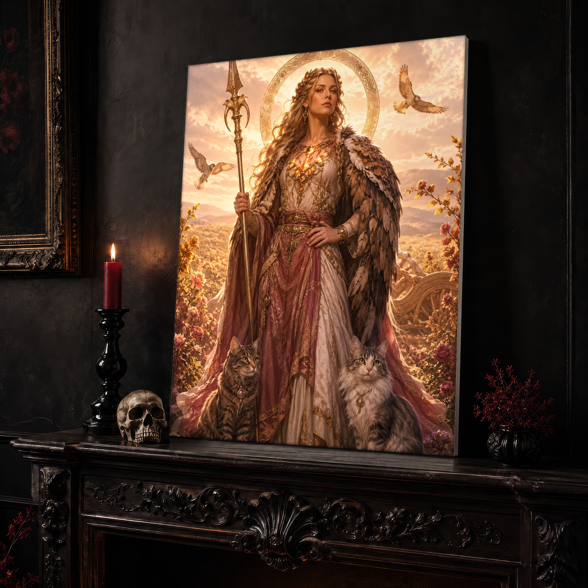 Freya goddess canvas leaning on a dark carved mantel beside a lit dark red taper in a black candlestick, a bone-coloured skull, and a small black vase of red berry sprigs, with a gilt-framed painting on the wall alongside.