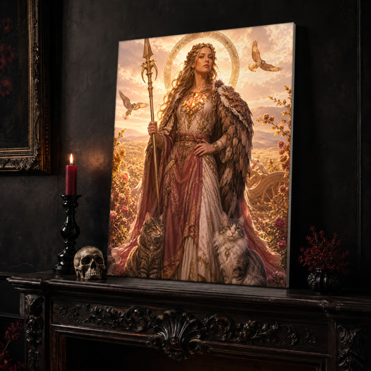Freya goddess canvas leaning on a dark carved mantel beside a lit dark red taper in a black candlestick, a bone-coloured skull, and a small black vase of red berry sprigs, with a gilt-framed painting on the wall alongside.
