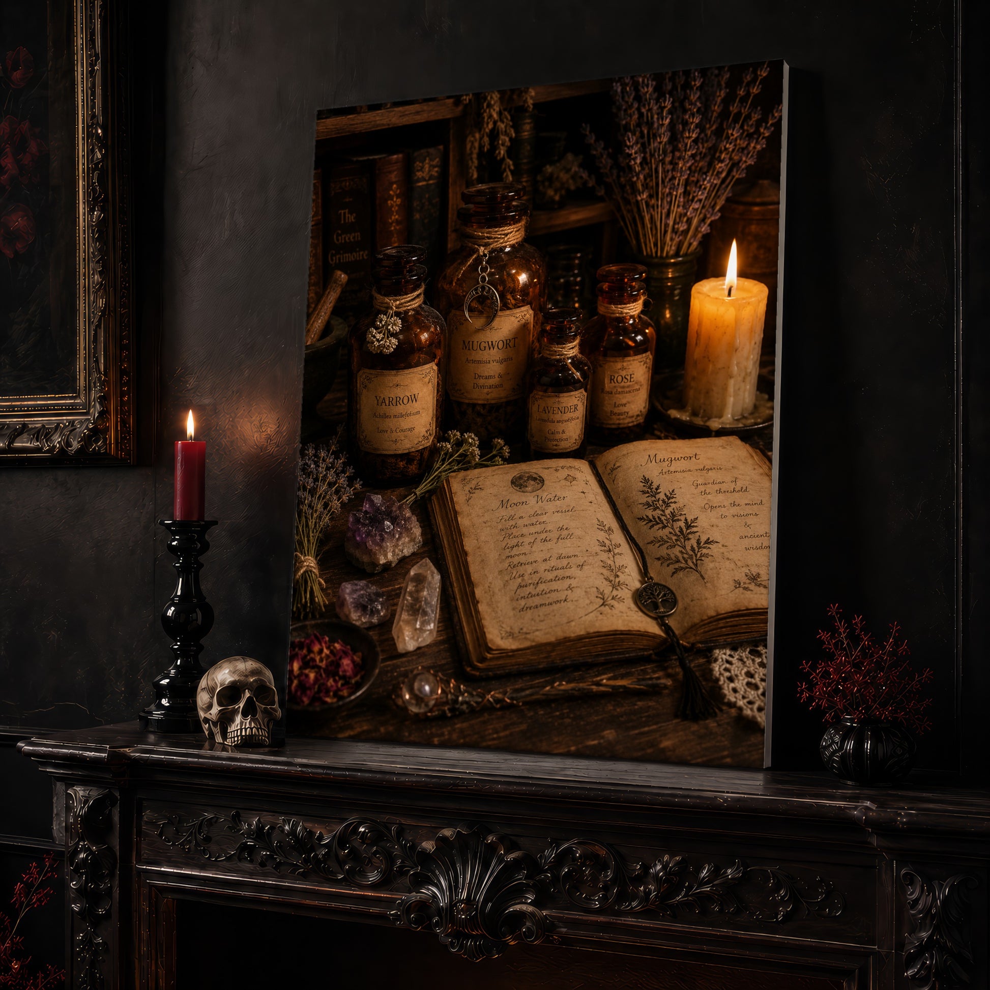 The Still Room apothecary canvas leaning on a dark carved mantel beside a lit dark red taper in a black candlestick, a bone-coloured skull, and a small black vase of red berry sprigs, with a gilt-framed painting on the wall alongside.