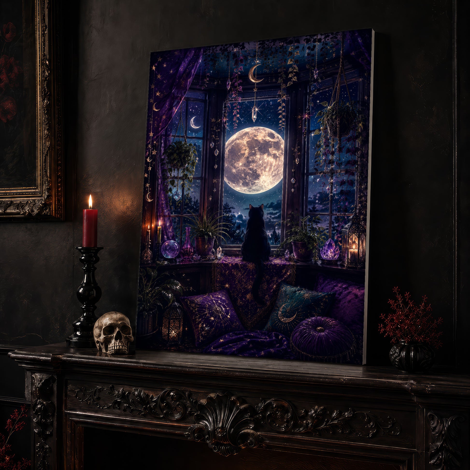 Witch's Window canvas leaning on a dark carved mantel beside a lit dark red taper in a black candlestick, a bone-coloured skull, and a small black vase of red berry sprigs, with a gilt-framed painting on the wall alongside.