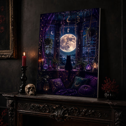 Witch's Window canvas leaning on a dark carved mantel beside a lit dark red taper in a black candlestick, a bone-coloured skull, and a small black vase of red berry sprigs, with a gilt-framed painting on the wall alongside.