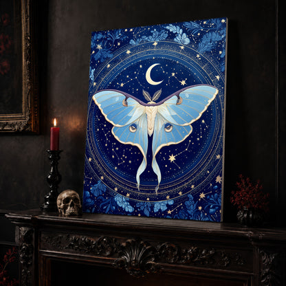 The Blue Hour moth canvas leaning on a dark carved mantel beside a lit dark red taper in a black candlestick, a bone-coloured skull, and a small black vase of red berry sprigs, with a gilt-framed painting on the wall alongside.