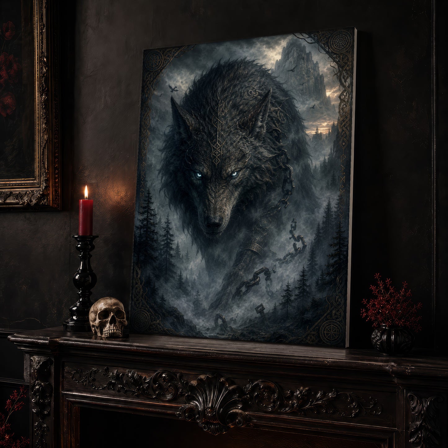 Vanagandr canvas leaning on a dark carved mantel beside a lit dark red taper in a black candlestick, a bone-coloured skull, and a small black vase of red berry sprigs, with a gilt-framed painting on the wall alongside.