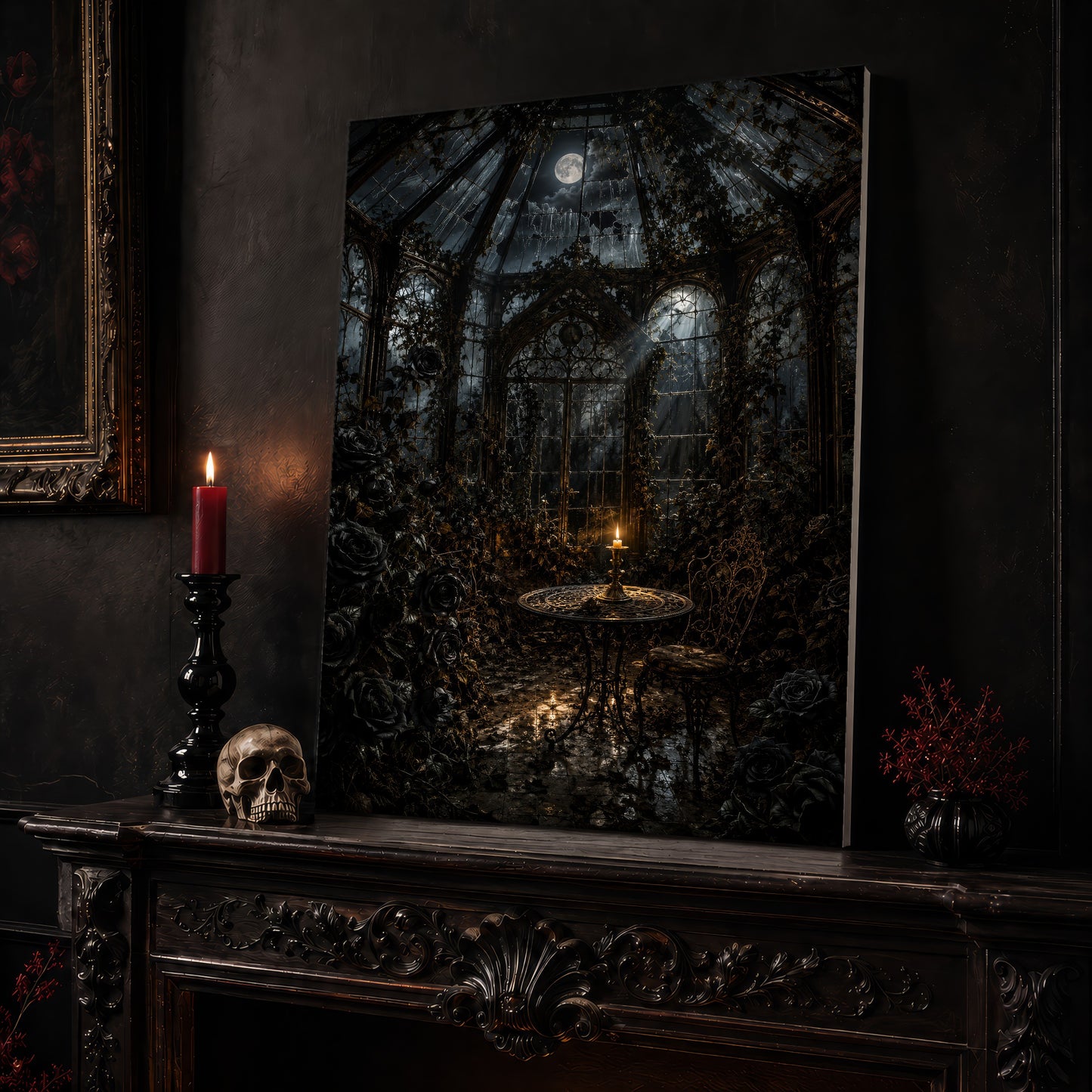 The Winter Garden canvas leaning on a dark carved mantel beside a lit dark red taper in a black candlestick, a bone-coloured skull, and a small black vase of red berry sprigs, with a gilt-framed painting on the wall alongside.