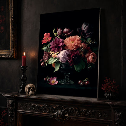 Tazza bouquet canvas leaning on a dark carved mantel beside a lit dark red taper in a black candlestick, a bone-coloured skull, and a small black vase of red berry sprigs, with a gilt-framed painting on the wall alongside.