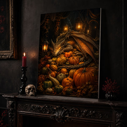 The Pumpkin Den print leaning on a dark carved mantel beside a lit dark red taper in a black candlestick, a pale skull, and a small black vase of red berry sprigs, with a gilt-framed painting on the wall alongside.