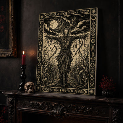 The Corn Sentinel print leaning on a dark carved mantel beside a lit dark red taper in a black candlestick, a pale skull, and a small black vase of red berry sprigs, with a gilt-framed painting on the wall alongside.