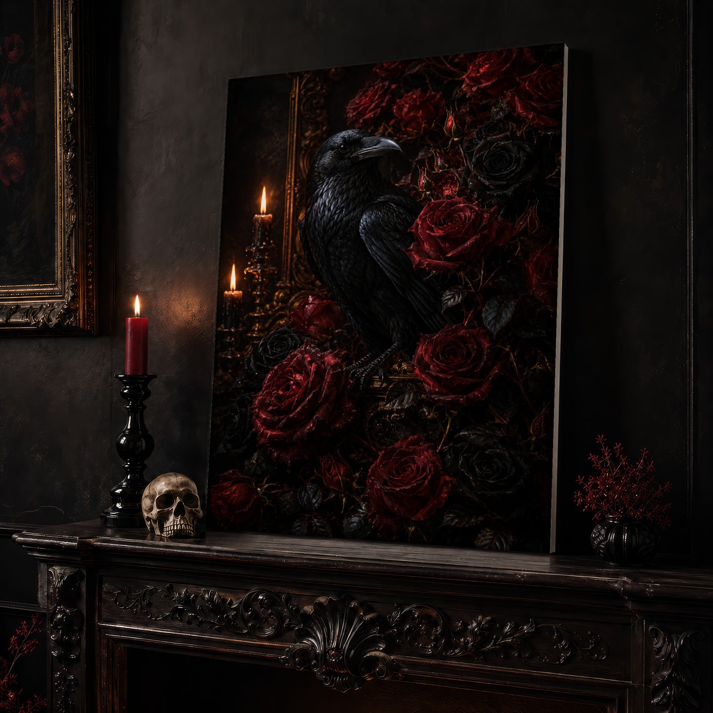 Lenore raven canvas leaning on a dark carved mantel beside a lit dark red taper in a black candlestick, a bone-coloured skull, and a small black vase of red berry sprigs, with a gilt-framed painting on the wall alongside.