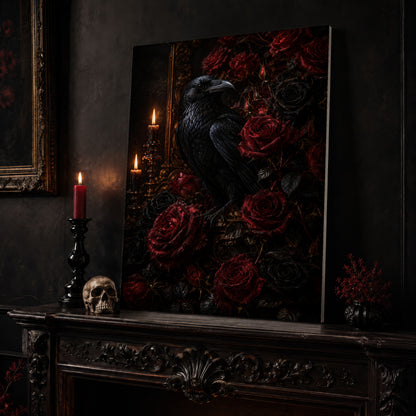 Lenore raven canvas leaning on a dark carved mantel beside a lit dark red taper in a black candlestick, a bone-coloured skull, and a small black vase of red berry sprigs, with a gilt-framed painting on the wall alongside.