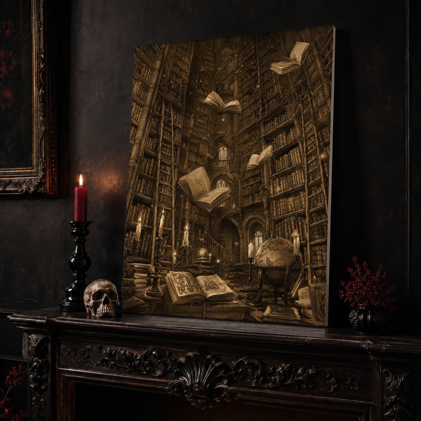 The Untethered Athenaeum library canvas leaning on a dark carved mantel beside a lit dark red taper in a black candlestick, a bone-coloured skull, and a small black vase of red berry sprigs, with a gilt-framed painting on the wall alongside.