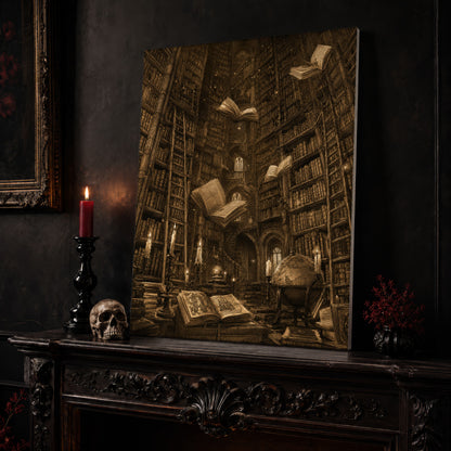 The Untethered Athenaeum library canvas leaning on a dark carved mantel beside a lit dark red taper in a black candlestick, a bone-coloured skull, and a small black vase of red berry sprigs, with a gilt-framed painting on the wall alongside.