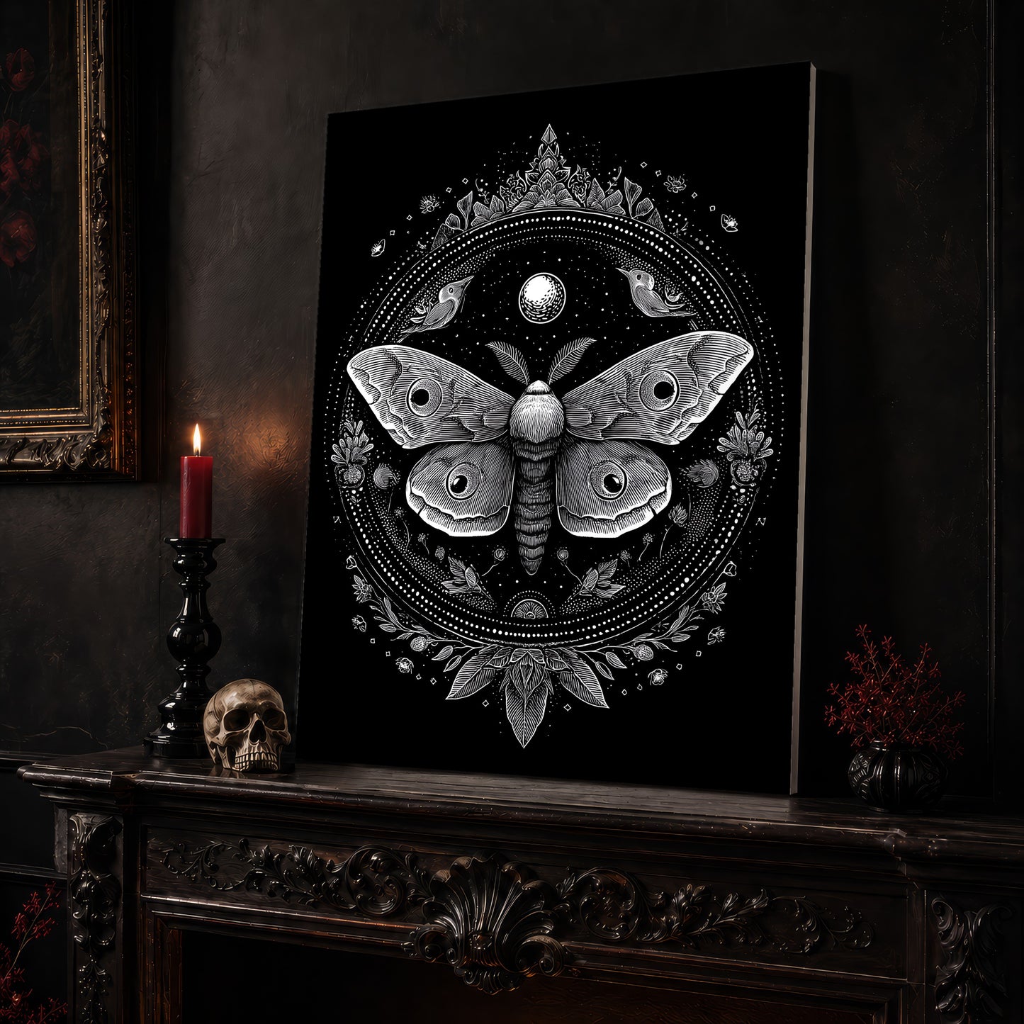 Vespers moth mandala canvas leaning on a dark carved mantel beside a lit dark red taper in a black candlestick, a bone-coloured skull, and a small black vase of red berry sprigs, with a gilt-framed painting on the wall alongside.