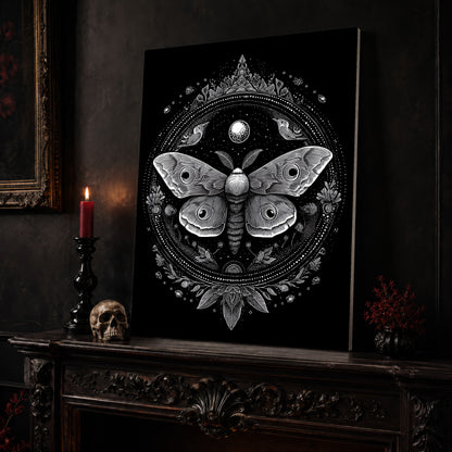 Vespers moth mandala canvas leaning on a dark carved mantel beside a lit dark red taper in a black candlestick, a bone-coloured skull, and a small black vase of red berry sprigs, with a gilt-framed painting on the wall alongside.