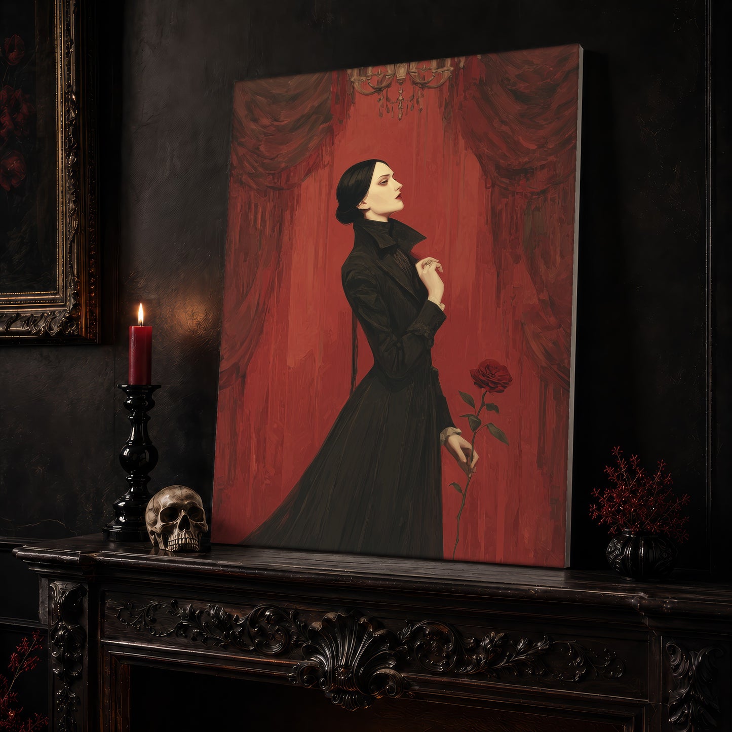 The Countess canvas leaning on a dark carved mantel beside a lit dark red taper in a black candlestick, a bone-coloured skull, and a small black vase of red berry sprigs, with a gilt-framed painting on the wall alongside.
