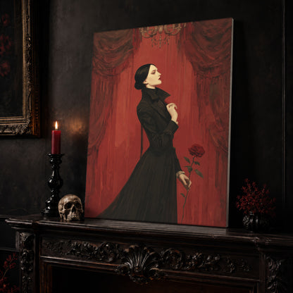 The Countess canvas leaning on a dark carved mantel beside a lit dark red taper in a black candlestick, a bone-coloured skull, and a small black vase of red berry sprigs, with a gilt-framed painting on the wall alongside.