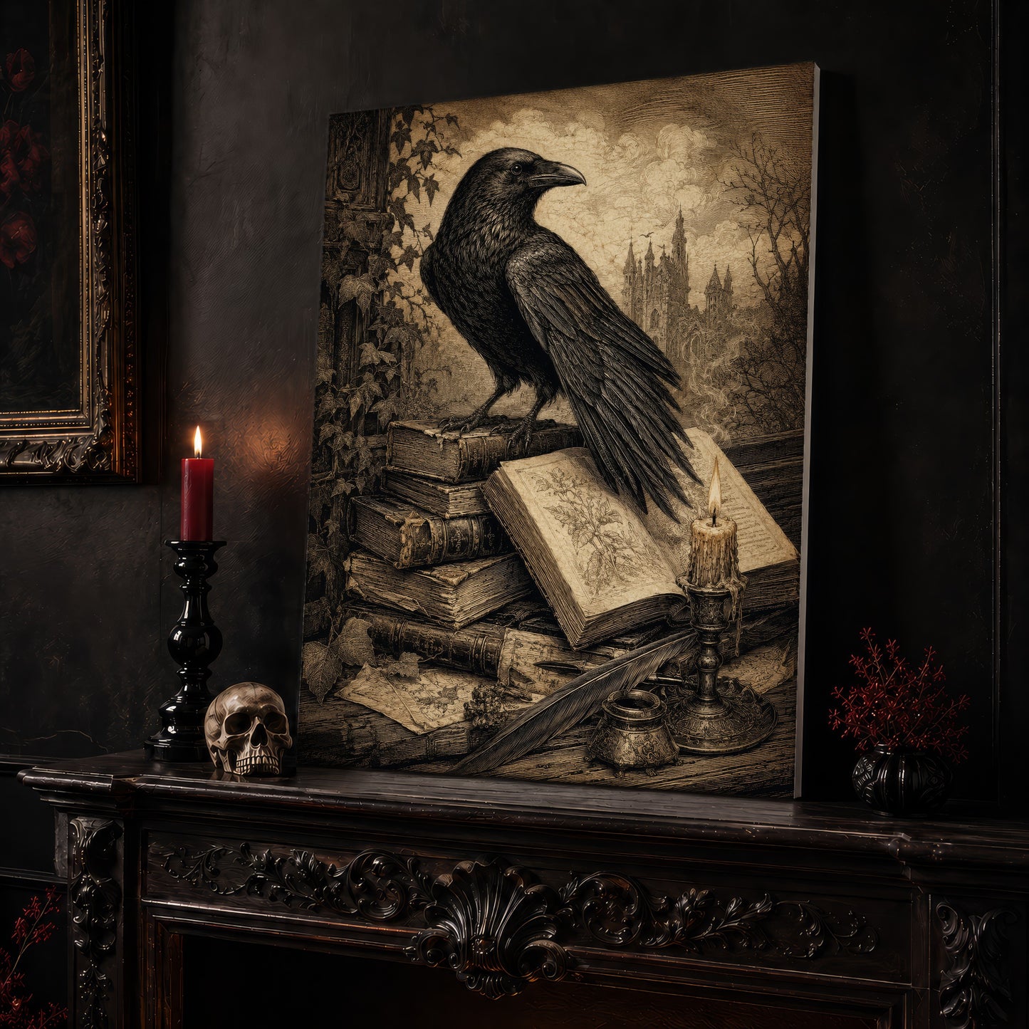 Muninn's Vigil canvas leaning on a dark carved mantel beside a lit dark red taper in a black candlestick, a bone-coloured skull, and a small black vase of red berry sprigs, with a gilt-framed painting on the wall alongside.