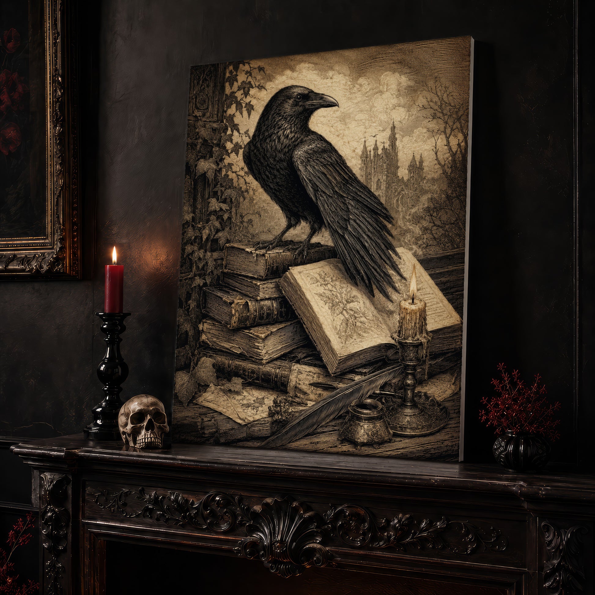 Muninn's Vigil canvas leaning on a dark carved mantel beside a lit dark red taper in a black candlestick, a bone-coloured skull, and a small black vase of red berry sprigs, with a gilt-framed painting on the wall alongside.