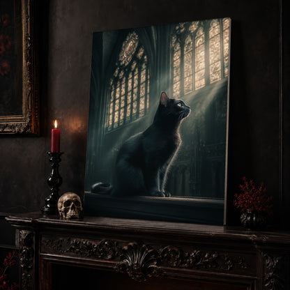 Grimalkin cat canvas leaning on a dark carved mantel beside a lit dark red taper in a black candlestick, a bone-coloured skull, and a small black vase of red berry sprigs, with a gilt-framed painting on the wall alongside.