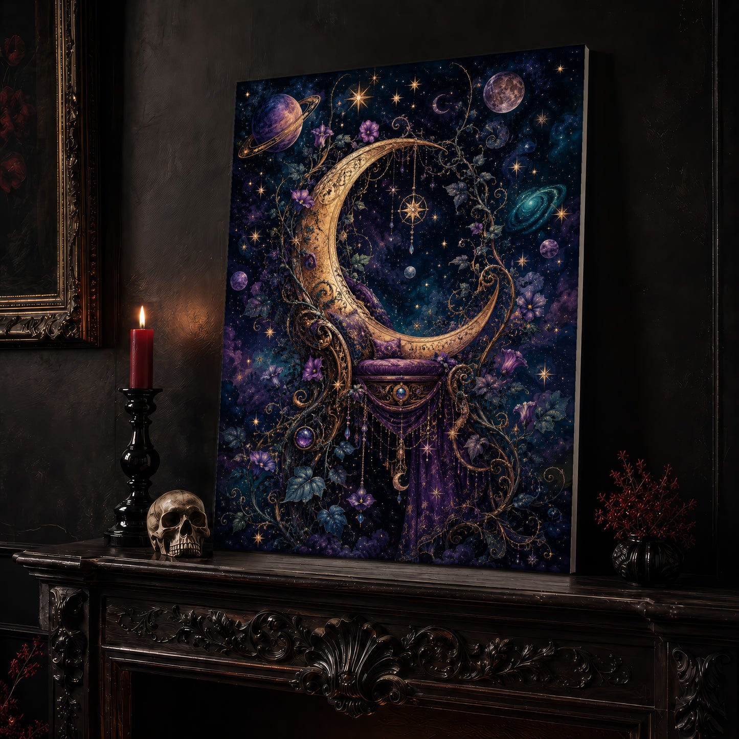 The Crescent Court canvas leaning on a dark carved mantel beside a lit dark red taper in a black candlestick, a bone-coloured skull, and a small black vase of red berry sprigs, with a gilt-framed painting on the wall alongside.