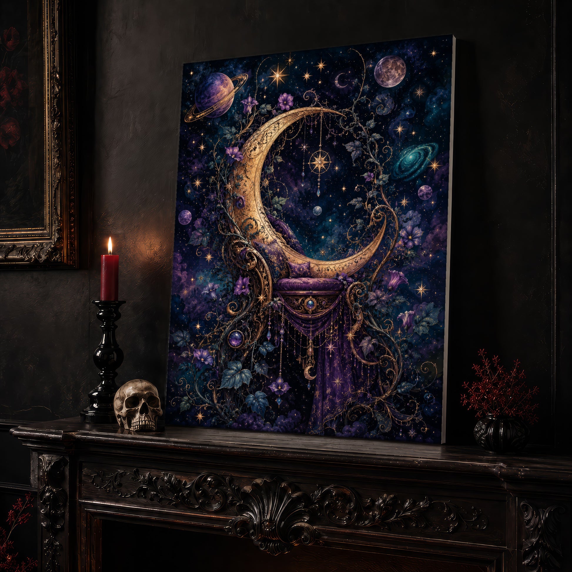 The Crescent Court canvas leaning on a dark carved mantel beside a lit dark red taper in a black candlestick, a bone-coloured skull, and a small black vase of red berry sprigs, with a gilt-framed painting on the wall alongside.