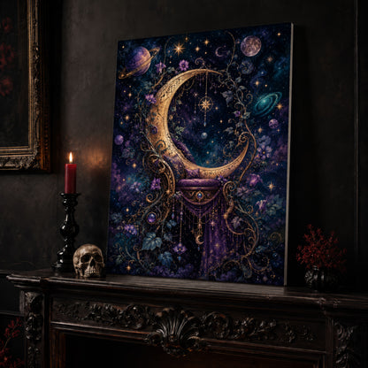 The Crescent Court canvas leaning on a dark carved mantel beside a lit dark red taper in a black candlestick, a bone-coloured skull, and a small black vase of red berry sprigs, with a gilt-framed painting on the wall alongside.