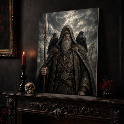 Gungnir figure canvas leaning on a dark carved mantel beside a lit dark red taper in a black candlestick, a bone-coloured skull, and a small black vase of red berry sprigs, with a gilt-framed painting on the wall alongside.