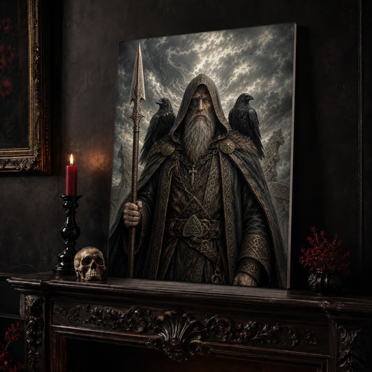 Gungnir figure canvas leaning on a dark carved mantel beside a lit dark red taper in a black candlestick, a bone-coloured skull, and a small black vase of red berry sprigs, with a gilt-framed painting on the wall alongside.