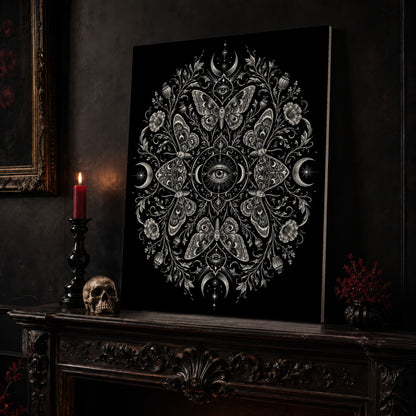 Argus eye mandala canvas leaning on a dark carved mantel beside a lit dark red taper in a black candlestick, a bone-coloured skull, and a small black vase of red berry sprigs, with a gilt-framed painting on the wall alongside.