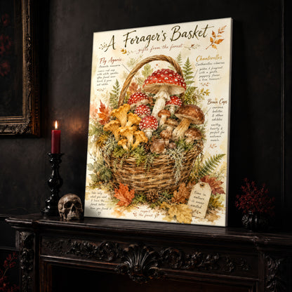  A Forager's Basket canvas leaning on a dark carved mantel beside a lit dark red taper in a black candlestick, a bone-colored skull, and a small black vase of red berry sprigs, with a gilt-framed painting on the wall alongside.