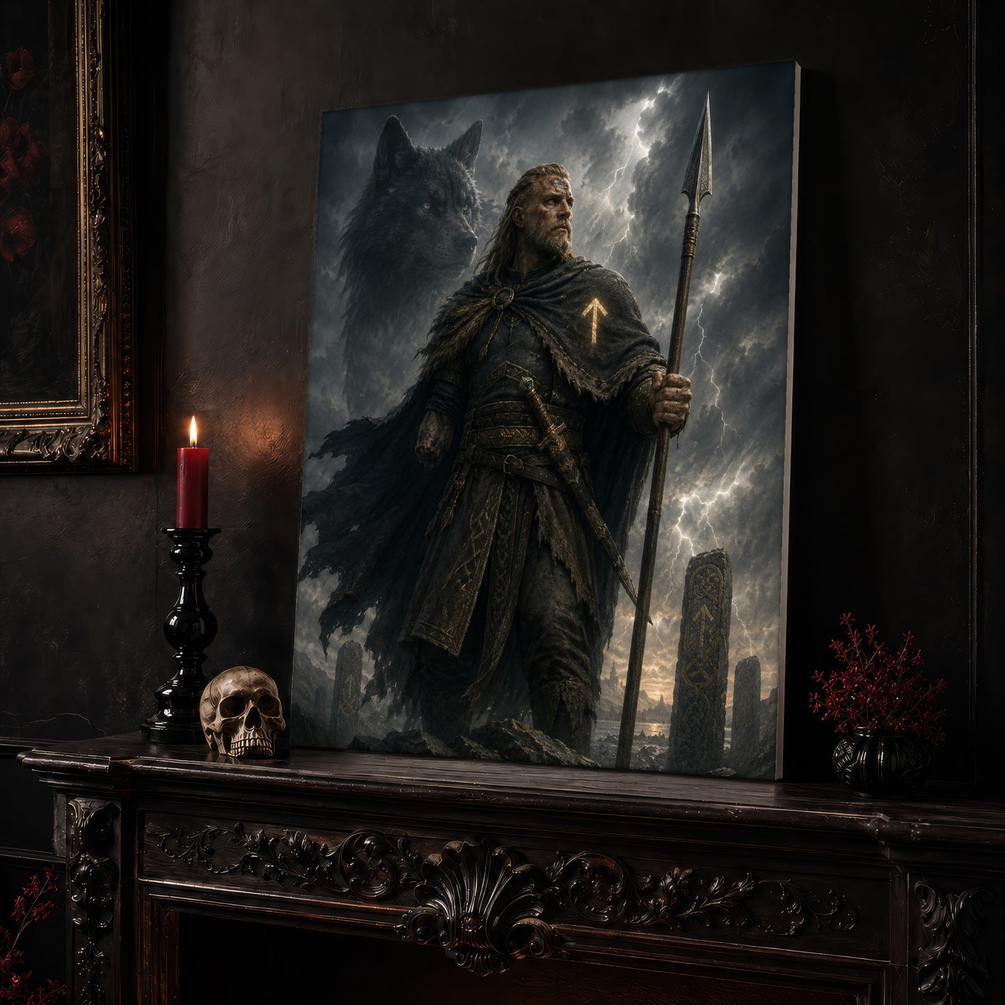 Tyr figure canvas leaning on a dark carved mantel beside a lit dark red taper in a black candlestick, a bone-coloured skull, and a small black vase of red berry sprigs, with a gilt-framed painting on the wall alongside.