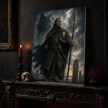Tyr figure canvas leaning on a dark carved mantel beside a lit dark red taper in a black candlestick, a bone-coloured skull, and a small black vase of red berry sprigs, with a gilt-framed painting on the wall alongside.