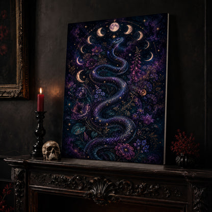 Celestial Serpent canvas leaning on a dark carved mantel beside a lit dark red taper in a black candlestick, a bone-coloured skull, and a small black vase of red berry sprigs, with a gilt-framed painting on the wall alongside.