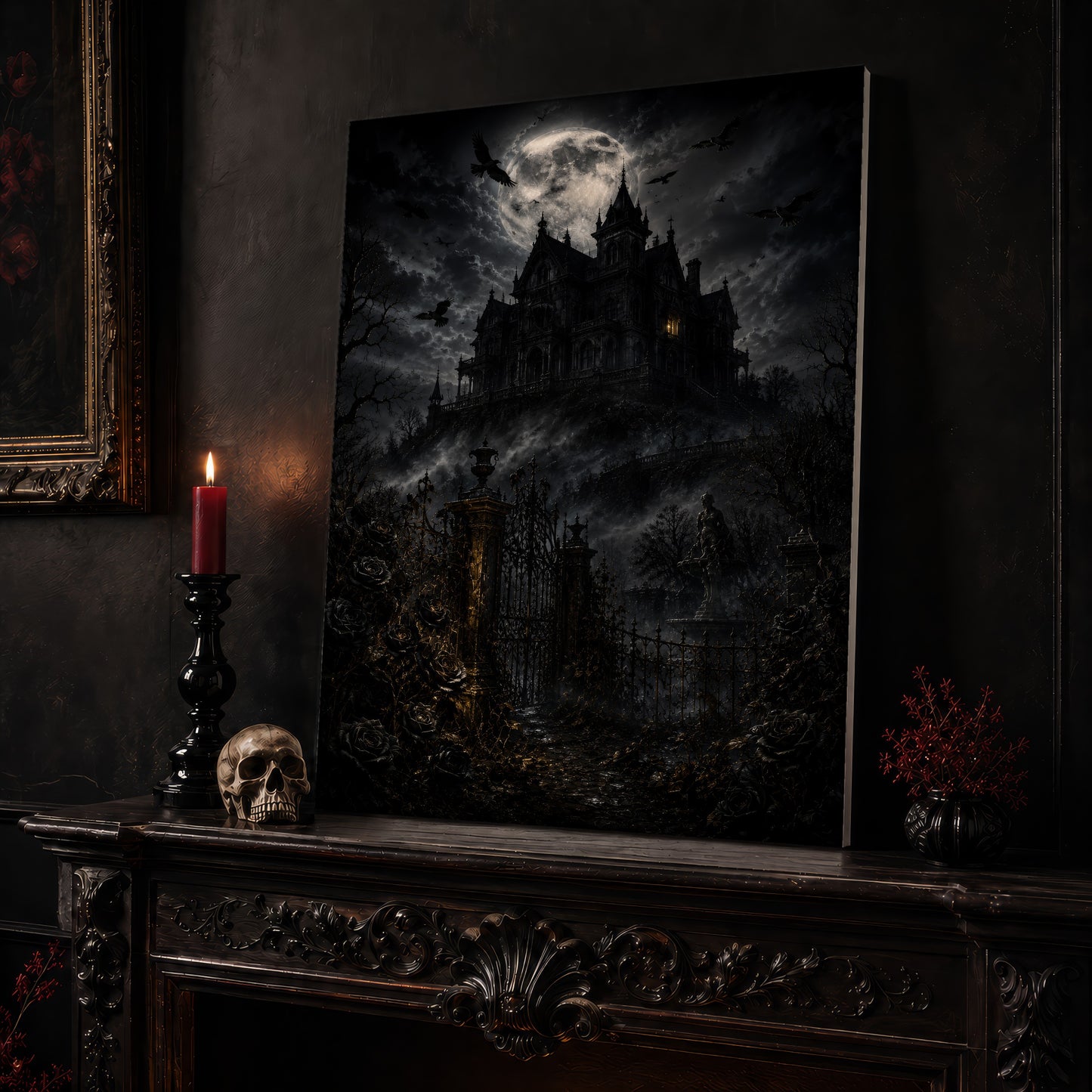 Ravensward canvas leaning on a dark carved mantel beside a lit dark red taper in a black candlestick, a bone-coloured skull, and a small black vase of red berry sprigs, with a gilt-framed painting on the wall alongside.