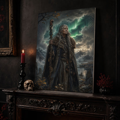 Spákona canvas leaning on a dark carved mantel beside a lit dark red taper in a black candlestick, a bone-coloured skull, and a small black vase of red berry sprigs, with a gilt-framed painting on the wall alongside.