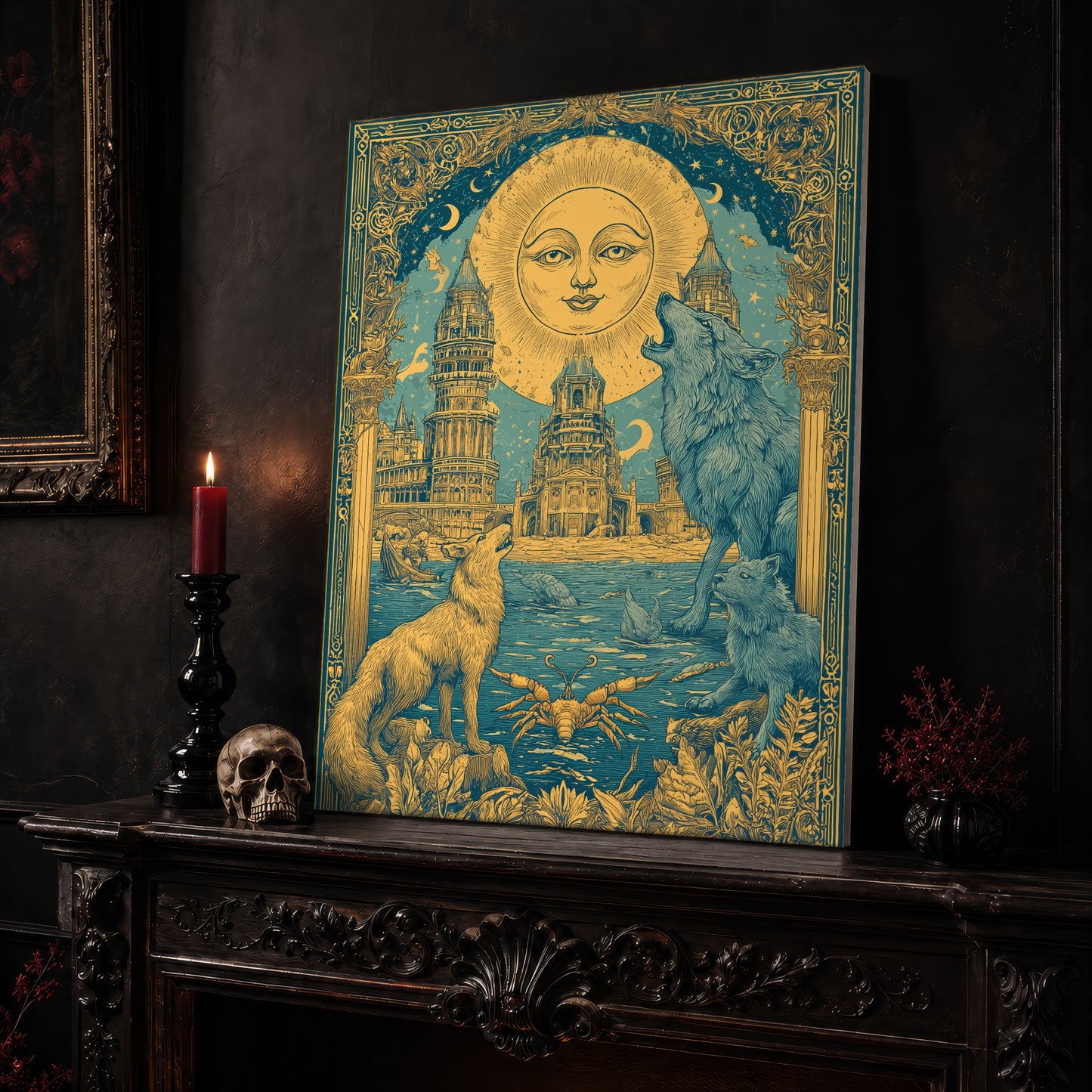 The Sunken Court poster canvas leaning on a dark carved mantel beside a lit dark red taper in a black candlestick, a bone-coloured skull, and a small black vase of red berry sprigs, with a gilt-framed painting on the wall alongside.